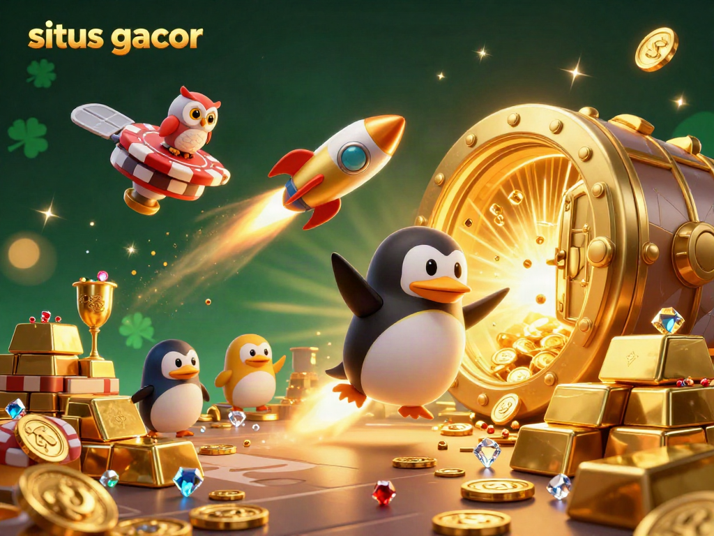 Situs gacor showcases a golden penguin blasting through space toward a vibrant casino, amidst treasures.