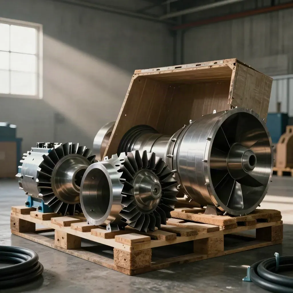 Open crate of turbine parts and generator controls staged in a concrete bay.