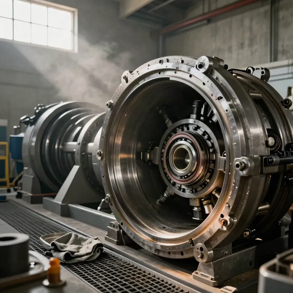 Opened turbine housing with fresh bearings and seals in a warm hydro maintenance bay.