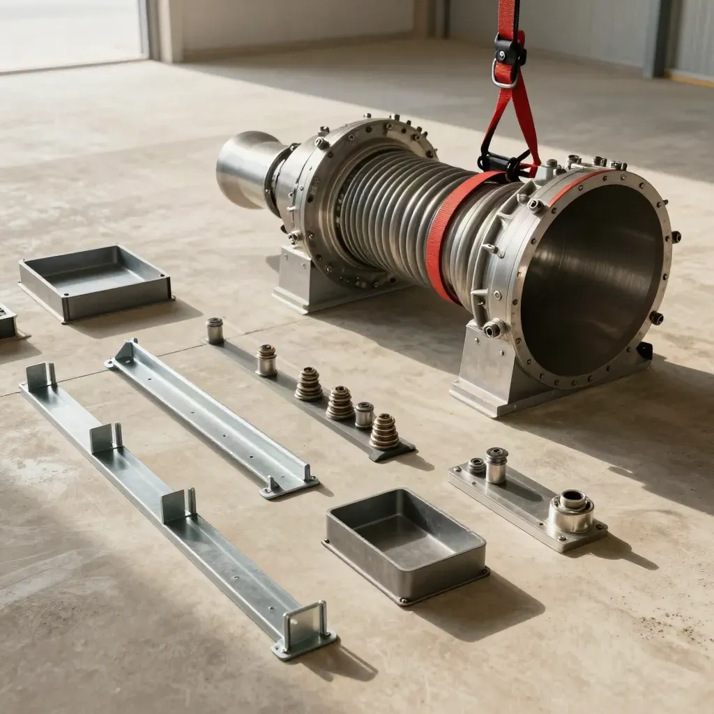 Top-down loading bay with turbine housing, conduits and rails arranged in build order.