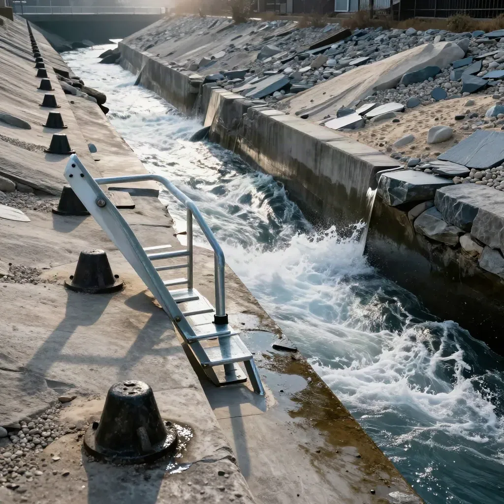 River intake channel with ladder, rock anchors, survey stakes, and wind-blown spray