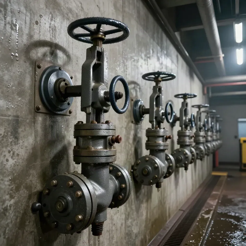 Moody hydro powerhouse wall with maintained valves, access panels and condensation.