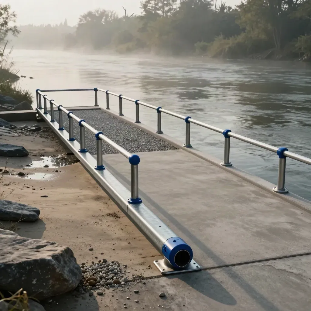River access landing with blue-capped rails, gravel apron and misty water.