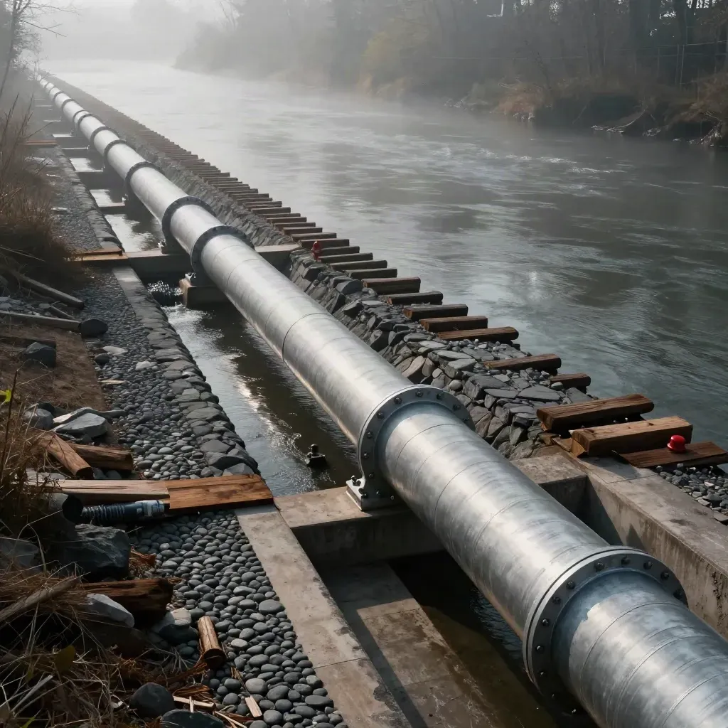 Upgraded hydro penstock and stabilized intake channel beside a misty forest riverbank.