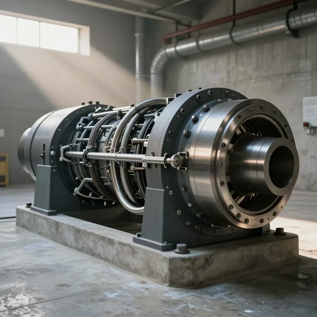 New turbine unit seated in a concrete powerhouse, lit by soft daylight and back rim glow