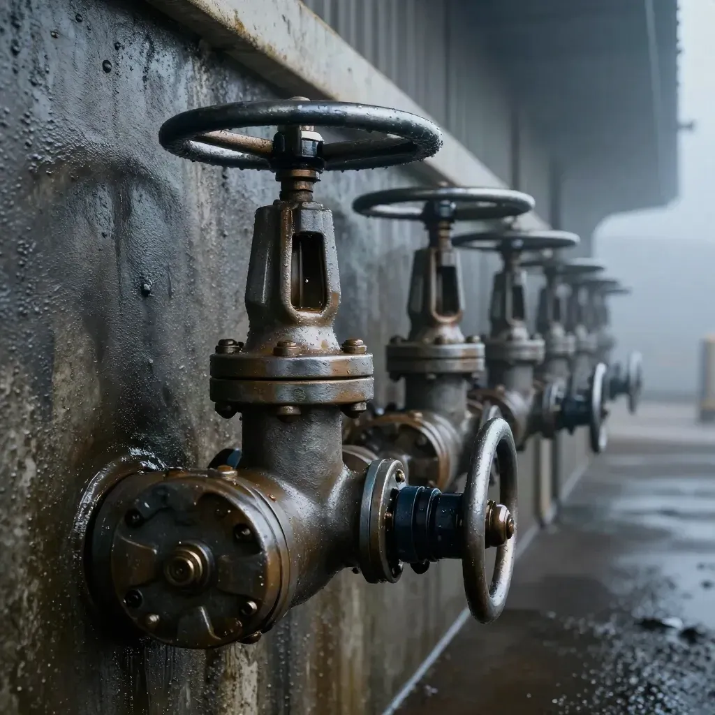 Close-up of maintained hydro valves on a misty coastal station wall