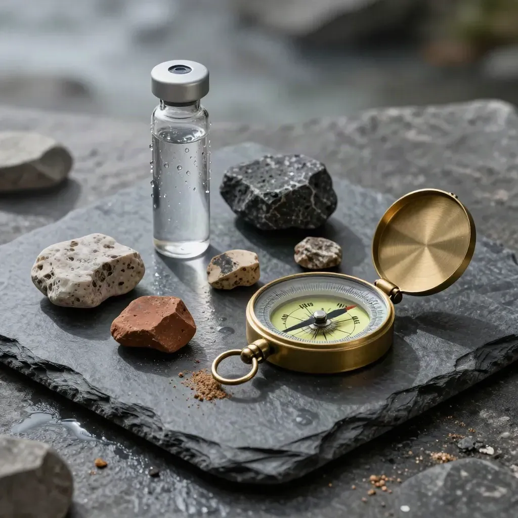 River rock core samples, a sealed vial, and a survey compass on damp slate in cool daylight.