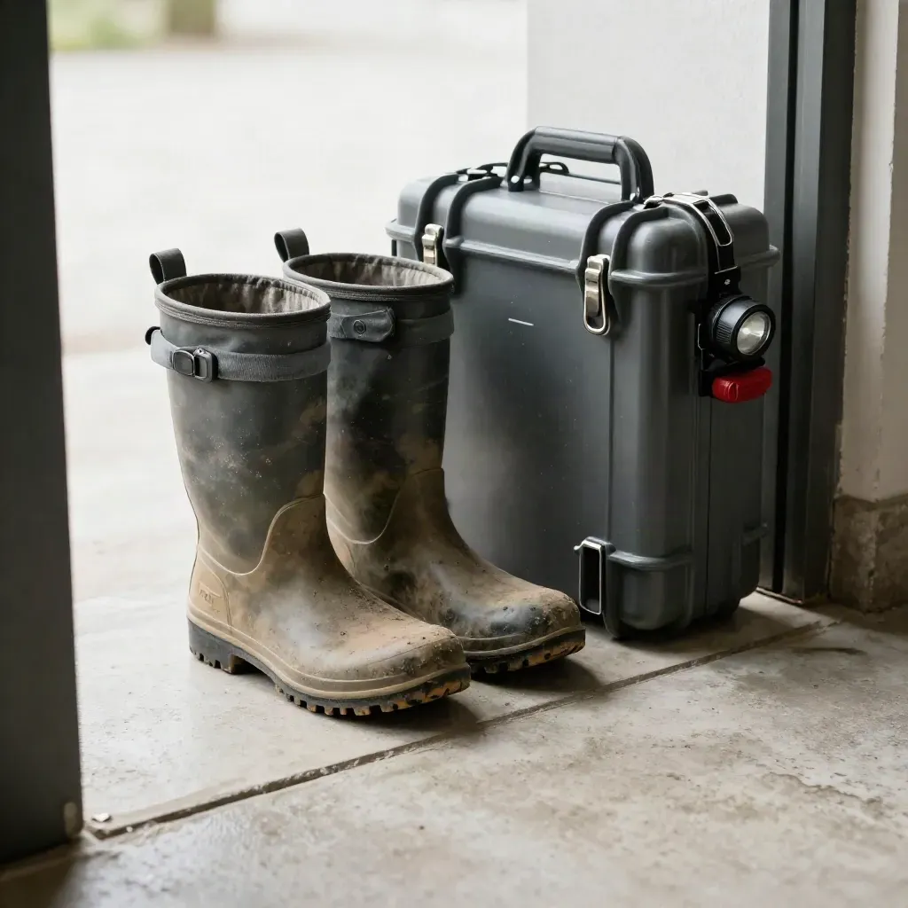 Mud-spattered inspection boots, sample case, and headlamp at a doorway threshold