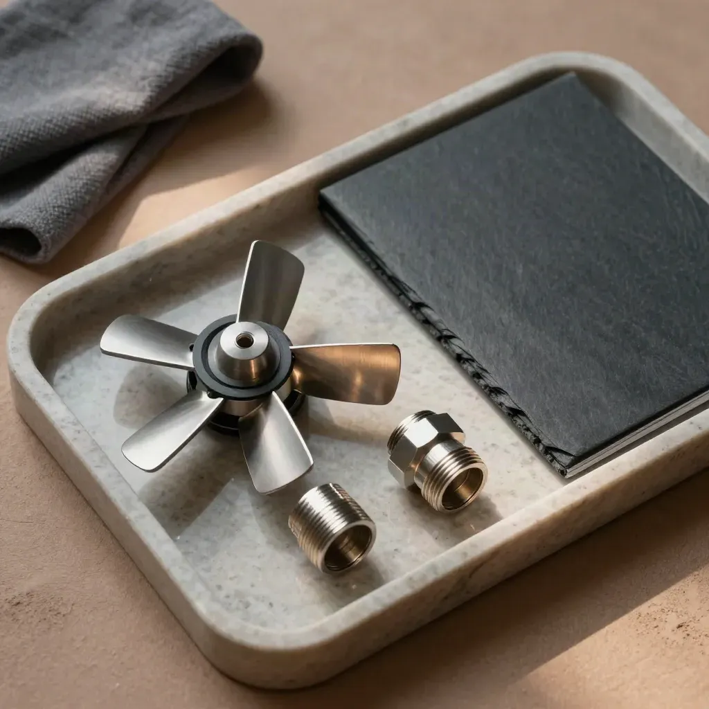 Top-down still life of turbine parts and a project folder on stone.