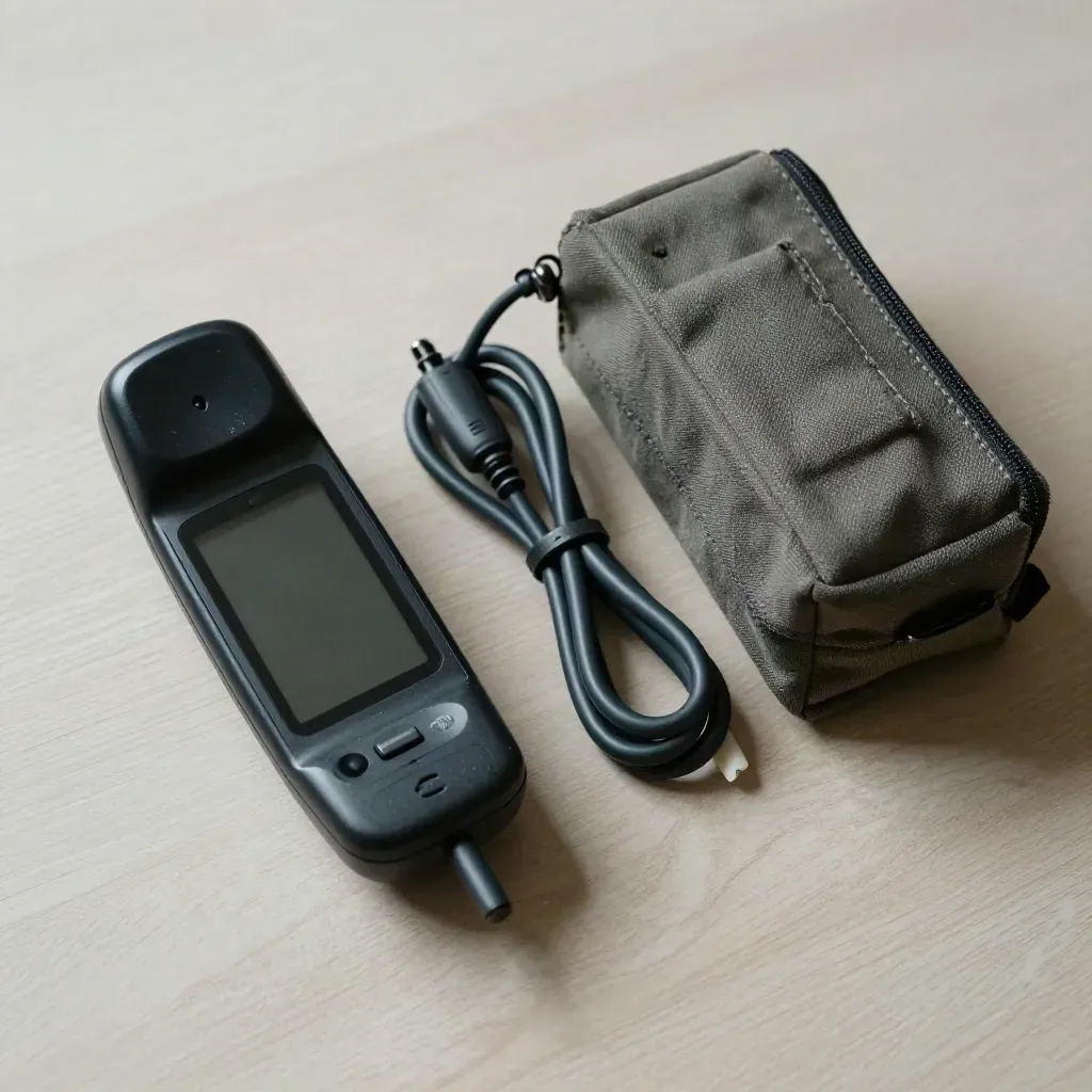 Top-down phone, coiled cable and rugged pouch on pale wood, lit softly from the side.