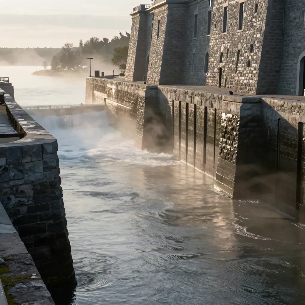 Stone hydro walls on the St. Lawrence with foggy water and sunlight near Quebec City