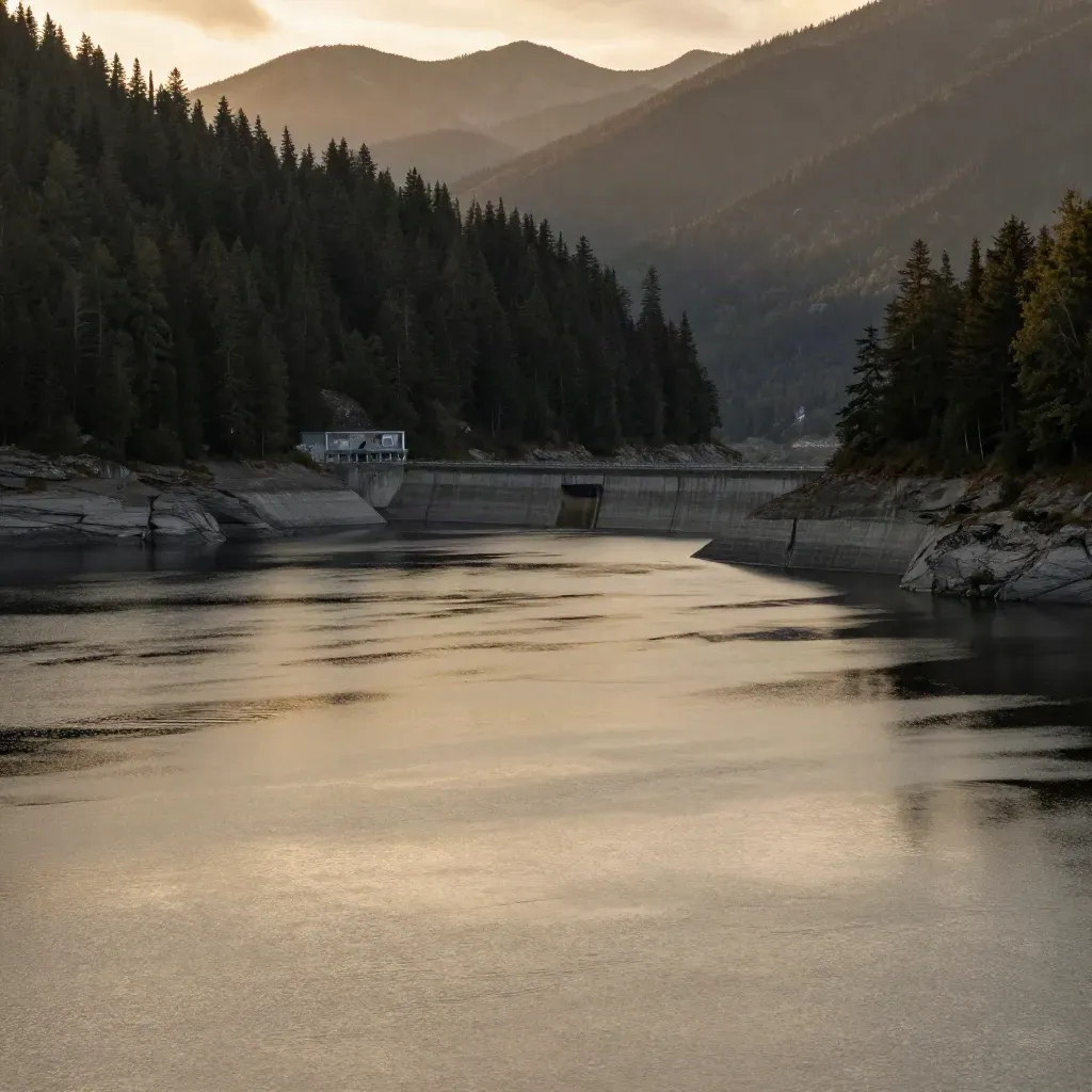 British Columbia reservoir, forested dam, and golden evening light over calm water
