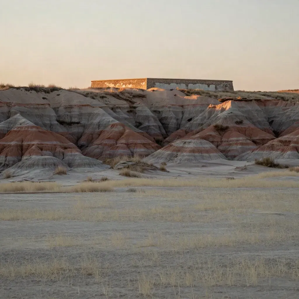 Alberta badlands clay field with pale grass and a distant intake wall in warm evening haze